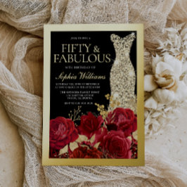 Red Roses & Black 50th Birthday Gold 箔招待状