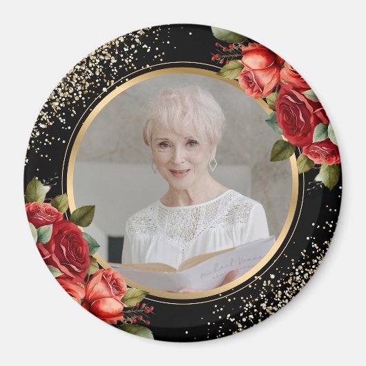 Red Roses Black Gold Floral Photo マグネット (正面)