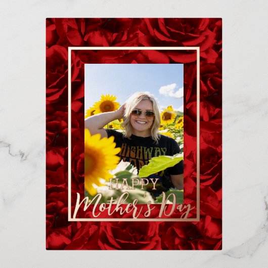 Red Roses Bouquets Happy Mother's Dayの写真実在 箔シーズンポストカード (正面)