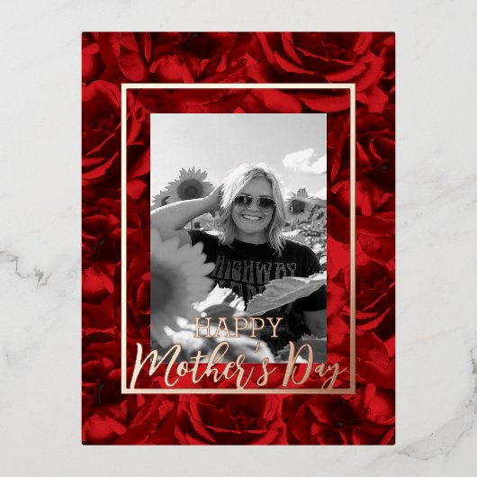 Red Roses Bouquets Happy Mother's Dayの写真実在 箔シーズンポストカード (正面)