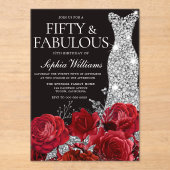 Red Roses Diamond Gown 50th Birthday Party Black  アクリル招待状 (正面)