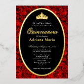 Red Roses Elegant Gold Floral Quinceanera   箔招待状 (正面)
