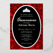 Red Roses Elegant Silver Floral Quinceanera   箔招待状 (正面)
