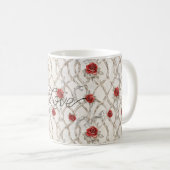 Red Roses Faux Wood Floral Love コーヒーマグカップ (正面右)