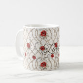 Red Roses Faux Wood Floral Love コーヒーマグカップ (正面左)