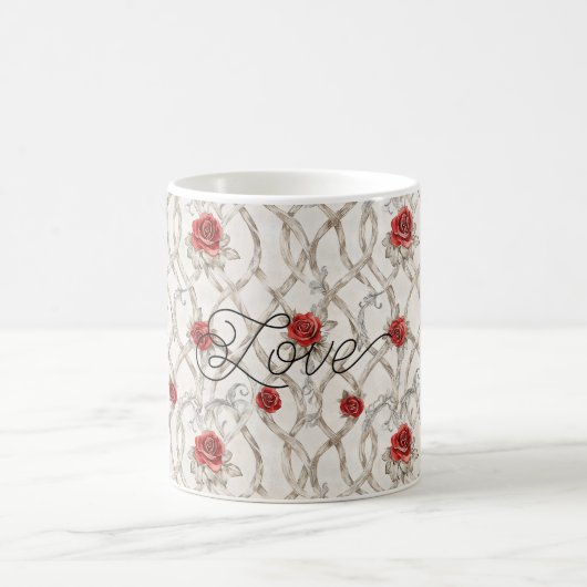Red Roses Faux Wood Floral Love コーヒーマグカップ (中央)