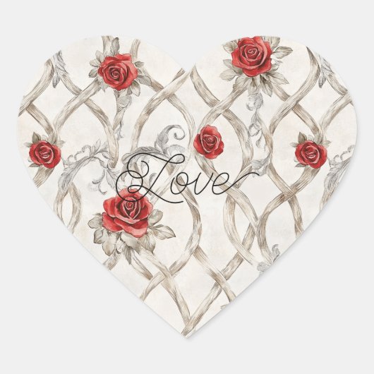 Red Roses Faux Wood Floral Love ハートシール (正面)