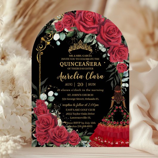 Red Roses Floral Black Charro Quinceanera 15 Arch 招待状