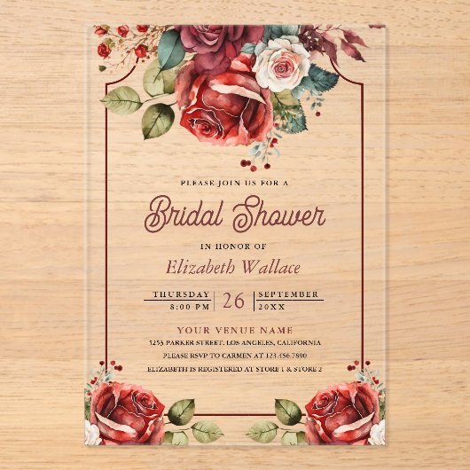 Red Roses Floral Bridal Shower アクリル招待状 (正面)