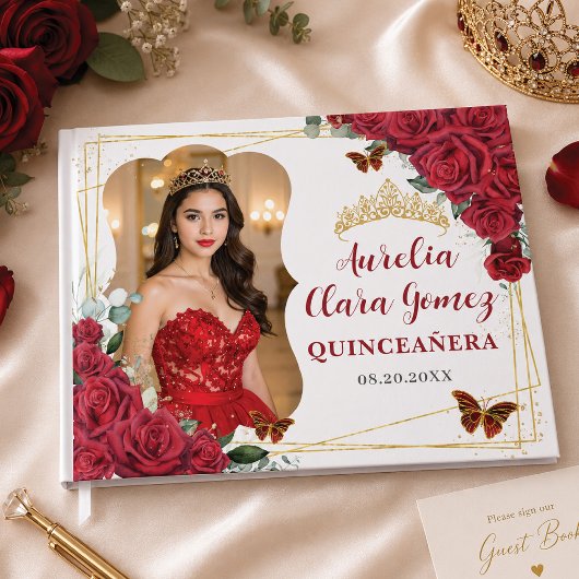 Red Roses Floral Butterflies QUINCEAÑERA 16 写真 ゲストブック