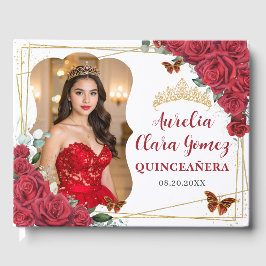 Red Roses Floral Butterflies QUINCEAÑERA 16 Photo ゲストブック