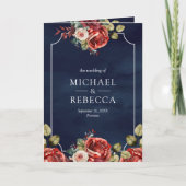 Red Roses Floral Frame Navy Blue QR Code Wedding 招待状 (正面)