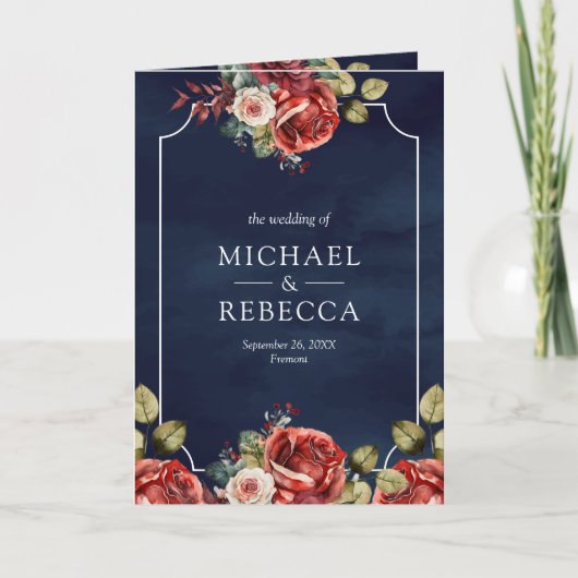 Red Roses Floral Frame Navy Blue QR Code Wedding 招待状 (正面)