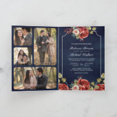 Red Roses Floral Frame Navy Blue QR Code Wedding 招待状 (内部)