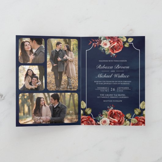 Red Roses Floral Frame Navy Blue QR Code Wedding 招待状 (内部)