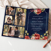 Red Roses Floral Frame Navy Blue QR Code Wedding 招待状