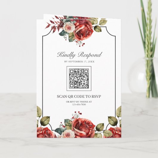 Red Roses Floral Frame Photo QR Code Wedding 招待状 (裏面)