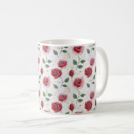 Red Roses Floral Line Art Pattern コーヒーマグカップ (正面右)
