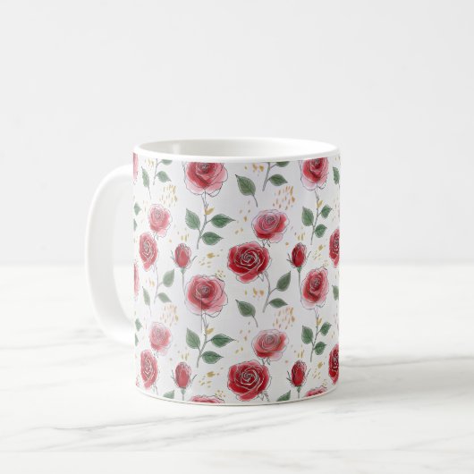 Red Roses Floral Line Art Pattern コーヒーマグカップ (正面左)