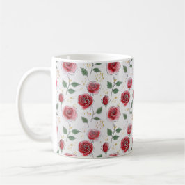 Red Roses Floral Line Art Pattern コーヒーマグカップ