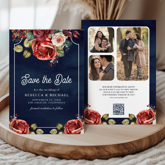 Red Roses Floral Photo QR Code Navy Blue Wedding セーブザデート