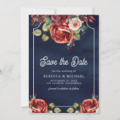 Red Roses Floral Photo QR Code Navy Blue Wedding セーブザデート (正面)