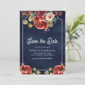 Red Roses Floral Photo QR Code Navy Blue Wedding セーブザデート (スタンド正面)