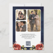 Red Roses Floral Photo QR Code Navy Blue Wedding セーブザデート (裏面)