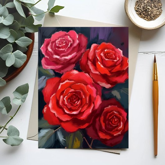 Red Roses Floral Watercolor Painted Flowers Card