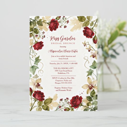 Red Roses Garden-Inspired Bridal Shower Brunch 招待状 (スタンド正面)