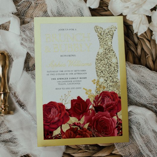 Red Roses & Gold Foil Border Bridal Shower 箔招待状