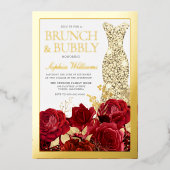 Red Roses & Gold Foil Border Bridal Shower 箔招待状 (正面)