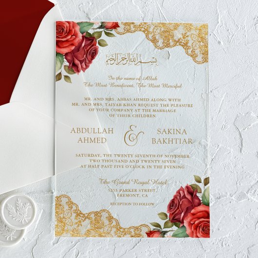 Red Roses Gold Lace Muslim Wedding アクリル招待状