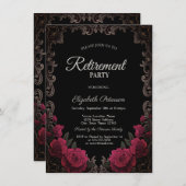 Red Roses Gothic Frame Black Retirement Party 招待状 (正面/裏面)