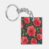 Red Roses in開花：緑豊かなフローラディスプレイ キーホルダー (正面左)