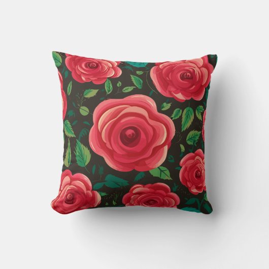 Red Roses in開花:緑豊かなフローラディスプレイ クッション (正面)
