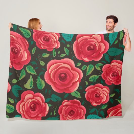 Red Roses in開花：緑豊かなフローラディスプレイ フリースブランケット (インサイチュ)