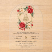 Red Roses Ivory Flowers Gold Muslim Wedding アクリル招待状 (正面)