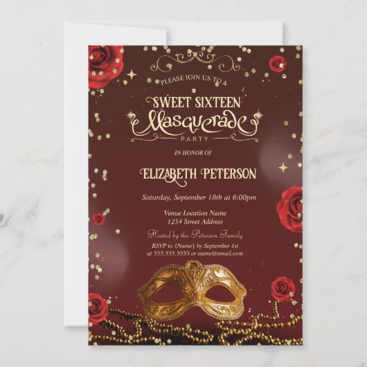 Red Roses Masque Pearls Sweet 16 招待状 (正面)