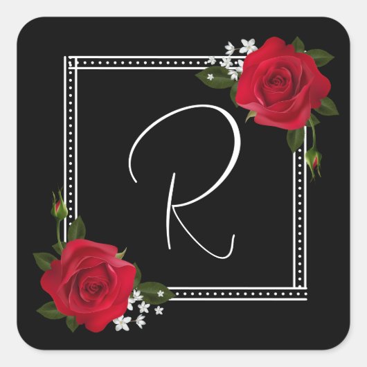 Red Roses on Black Wedding スクエアシール (正面)