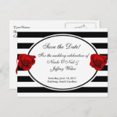 Red Roses on Black & White Wedding Save the Date 案内ポストカード (正面/裏面)