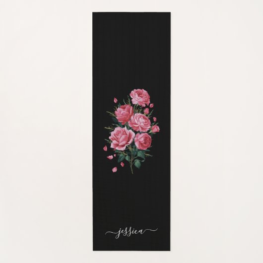 Red Roses on Black with script name ヨガマット (正面)