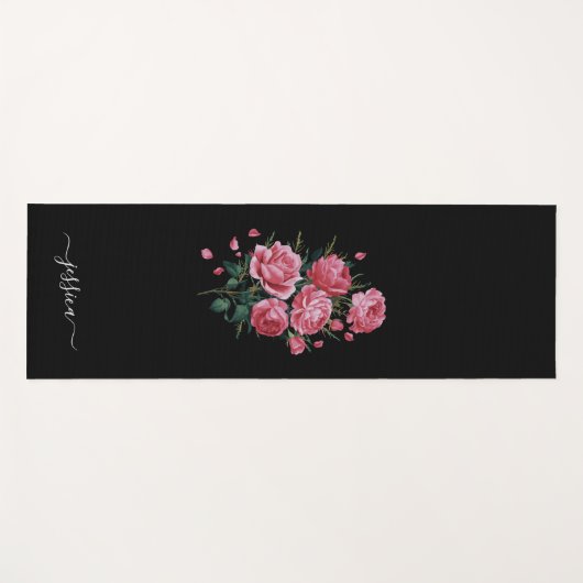 Red Roses on Black with script name ヨガマット (正面(横))