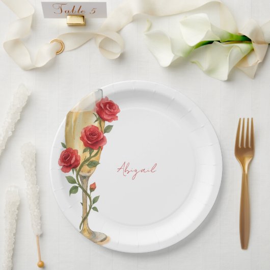 Red Roses on Champagne Personalized Name ペーパープレート (ウェディング)