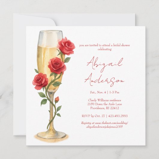 Red Roses on Champagne Square Glam Bridal Shower 招待状 (正面)