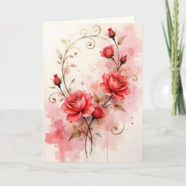 Red Roses on Pink Watercolor Wash Anniversary カード