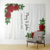 Red Roses & Pine Branchの写真結婚背景 タペストリー (インサイチュ(横))