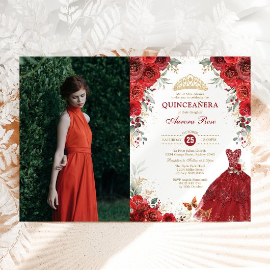 Red Roses Quinceaenera Mis Quince Anos写真 招待状