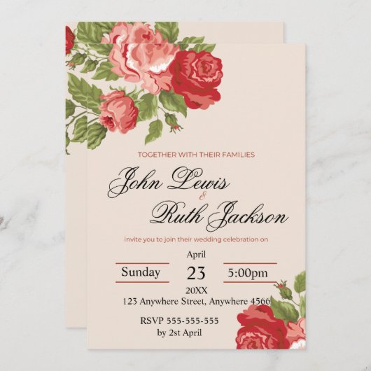 Red Roses Script Wedding Invitation | Elegant Roma 招待状 (正面/裏面)