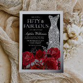 Red Roses & Silver Foil Black 50th Birthday 箔招待状